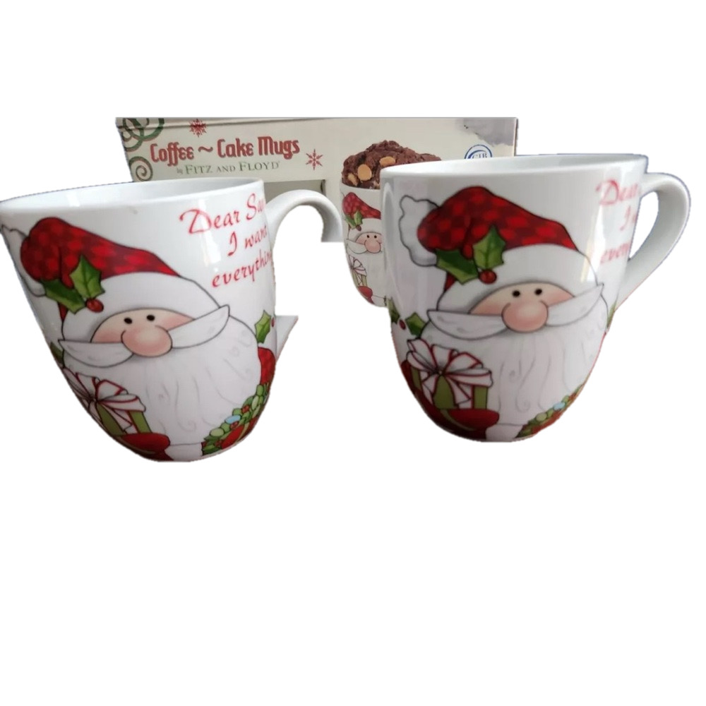 Fitz and Floyd Santas Big Day Holiday Coffee Cake Mugs set of 2 Christmas